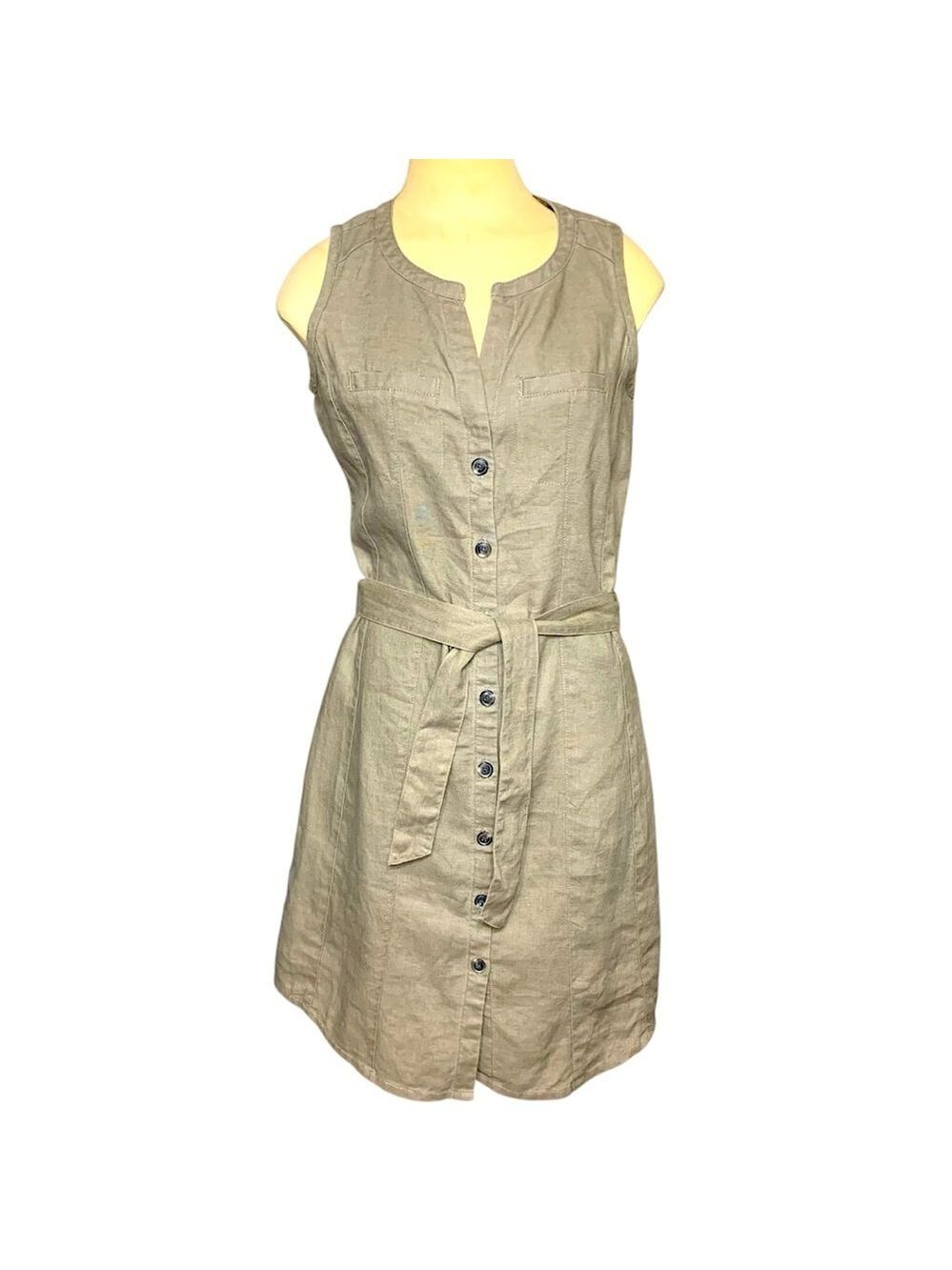 Mexx Linen Dress Sz 34 4 US Button Front Belted Taupe Safari Minimalist Neutral